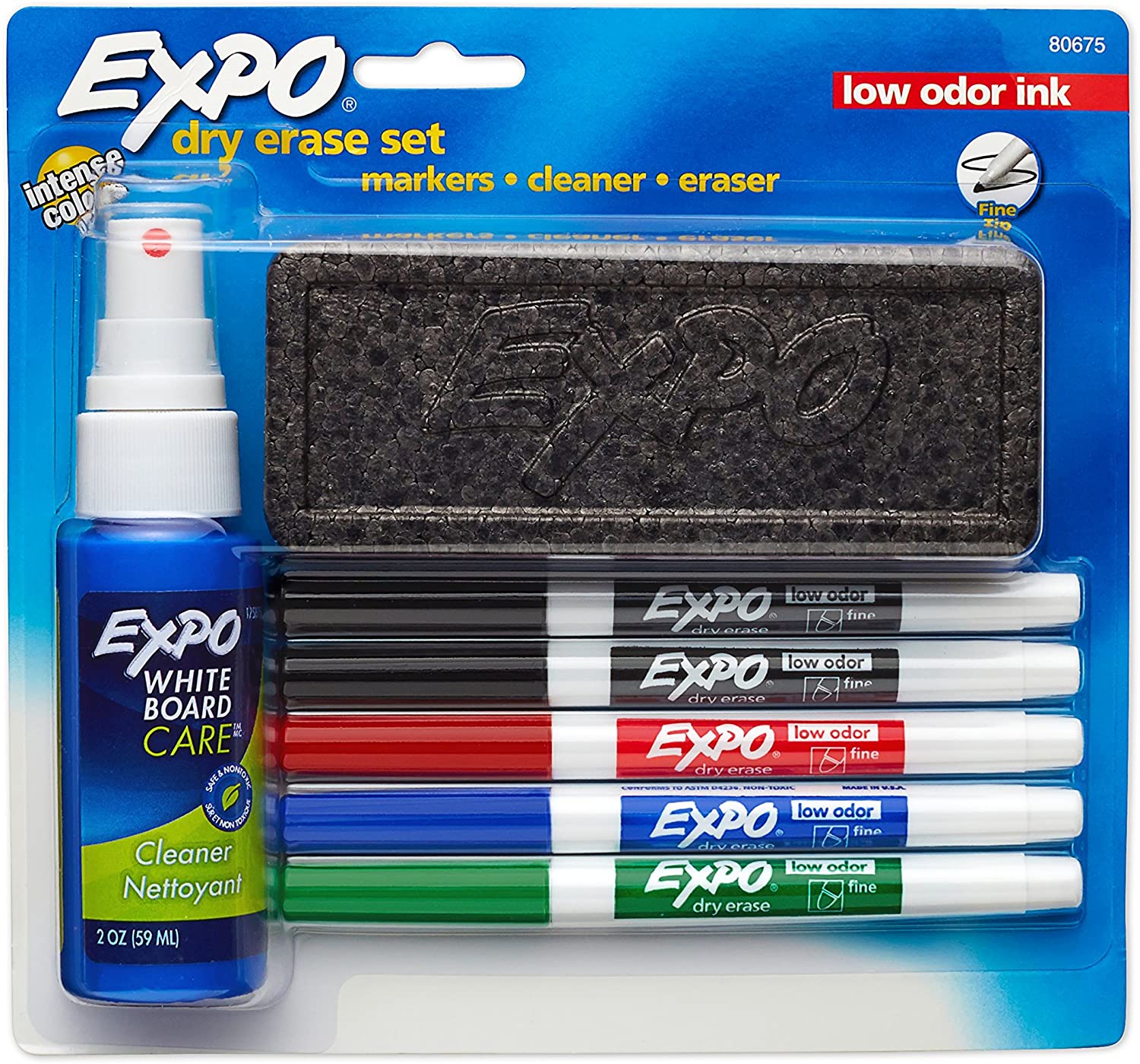 EXPO Low Odor Dry Erase Marker Set with White Board Eraser and Cleaner